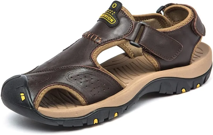 Sandals for Men Leather Hiking Sandals Athletic Walking Sports Fisherman Beach Shoes Closed Toe Water Sandals
