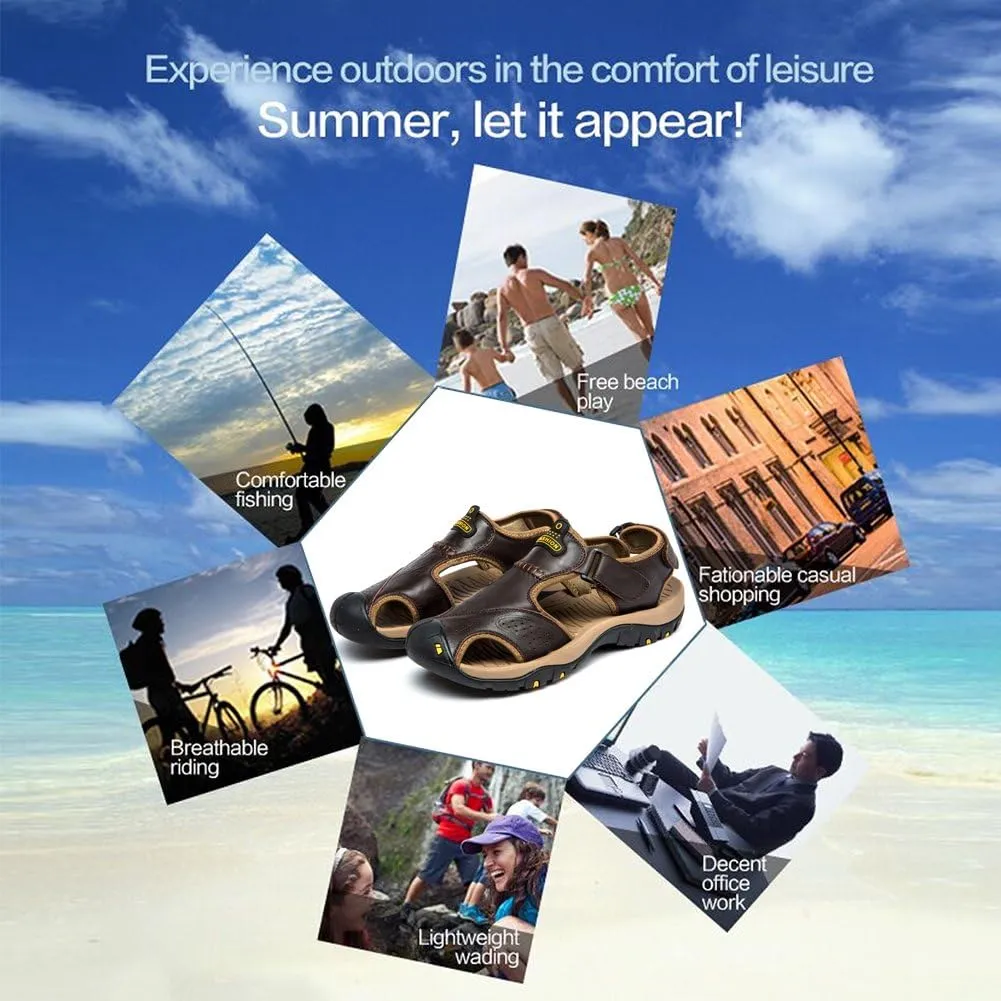 Sandals for Men Leather Hiking Sandals Athletic Walking Sports Fisherman Beach Shoes Closed Toe Water Sandals