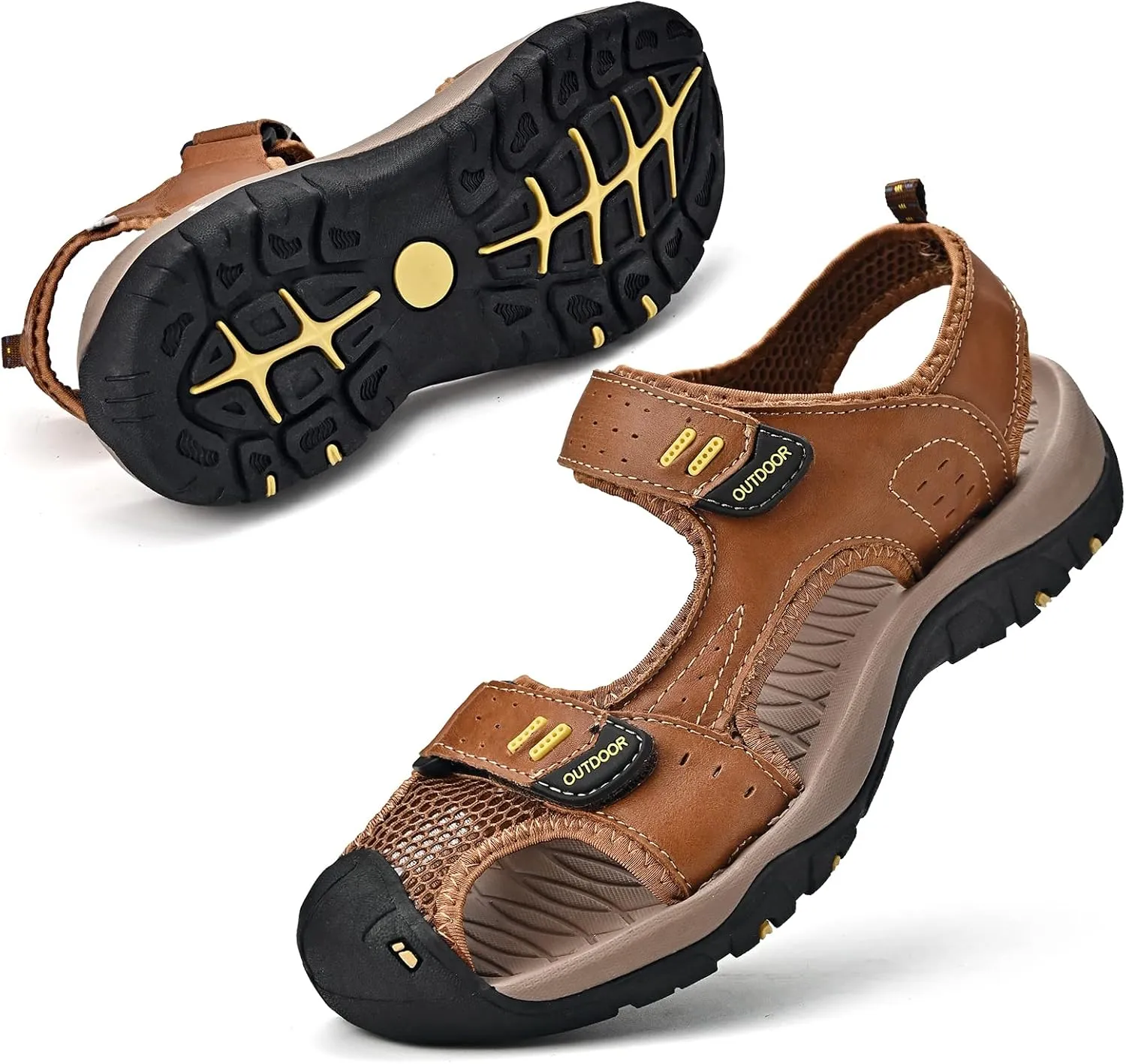 Sandals for Men Leather Hiking Sandals Athletic Walking Sports Fisherman Beach Shoes Closed Toe Water Sandals