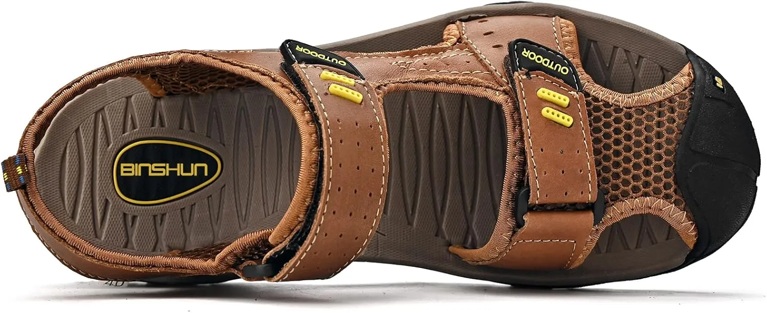 Sandals for Men Leather Hiking Sandals Athletic Walking Sports Fisherman Beach Shoes Closed Toe Water Sandals