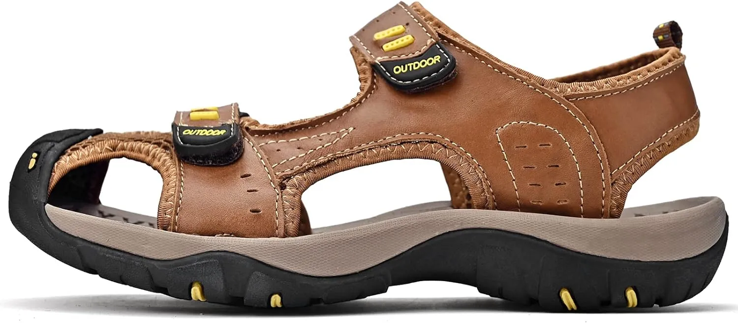 Sandals for Men Leather Hiking Sandals Athletic Walking Sports Fisherman Beach Shoes Closed Toe Water Sandals