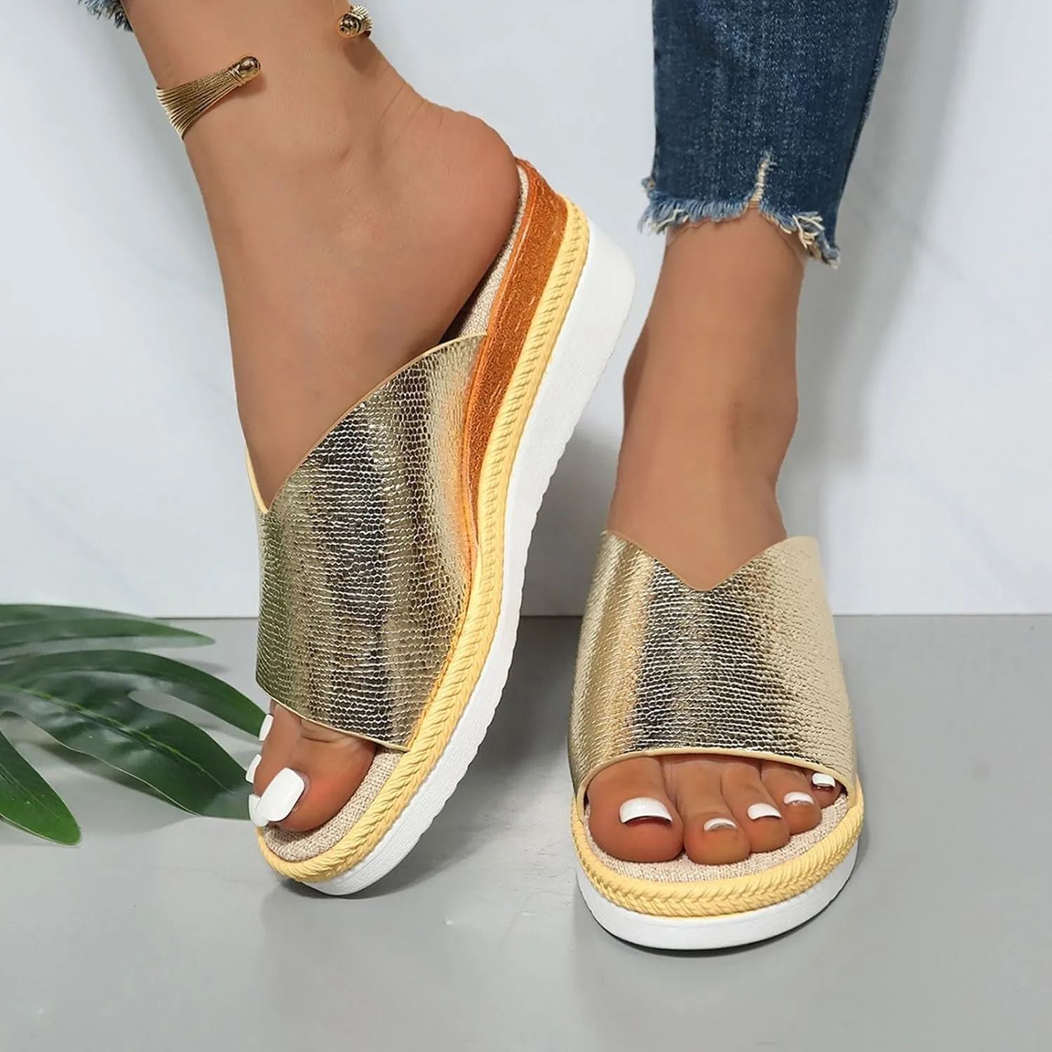 Sandals for Women Wedge Shoes,Fashion Lightweight Arch Support Slippers for Womens Comfy Wedge Orthopedic Sandals Summer Platform Cork Wedges Espadrille Heel Strappy Leather Sandals Dressy Shoes