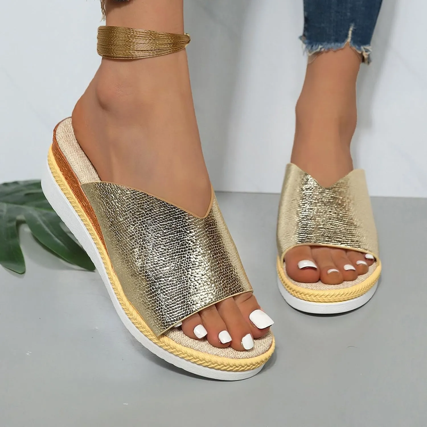 Sandals for Women Wedge Shoes,Fashion Lightweight Arch Support Slippers for Womens Comfy Wedge Orthopedic Sandals Summer Platform Cork Wedges Espadrille Heel Strappy Leather Sandals Dressy Shoes