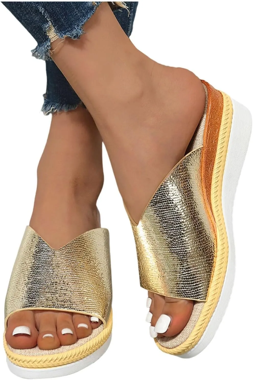 Sandals for Women Wedge Shoes,Fashion Lightweight Arch Support Slippers for Womens Comfy Wedge Orthopedic Sandals Summer Platform Cork Wedges Espadrille Heel Strappy Leather Sandals Dressy Shoes