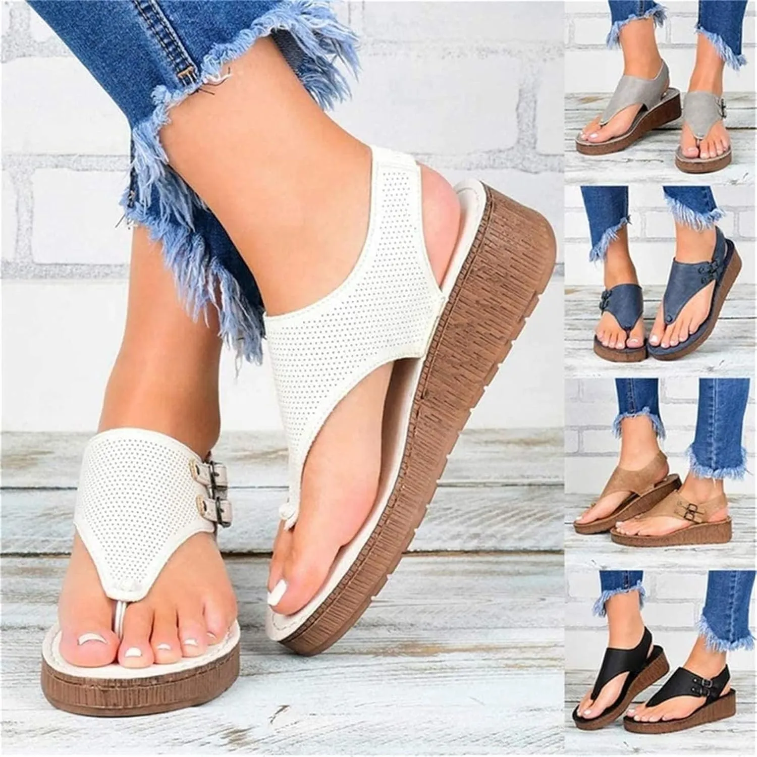 Sandals for Womens Casual Summer Split Toe Shoes Wedge Sandals Womens Sandals Open Toe Thong Flat Flip Flop Women Sandals Buckle Strap Beach Sandals,White,US7.5/EU39