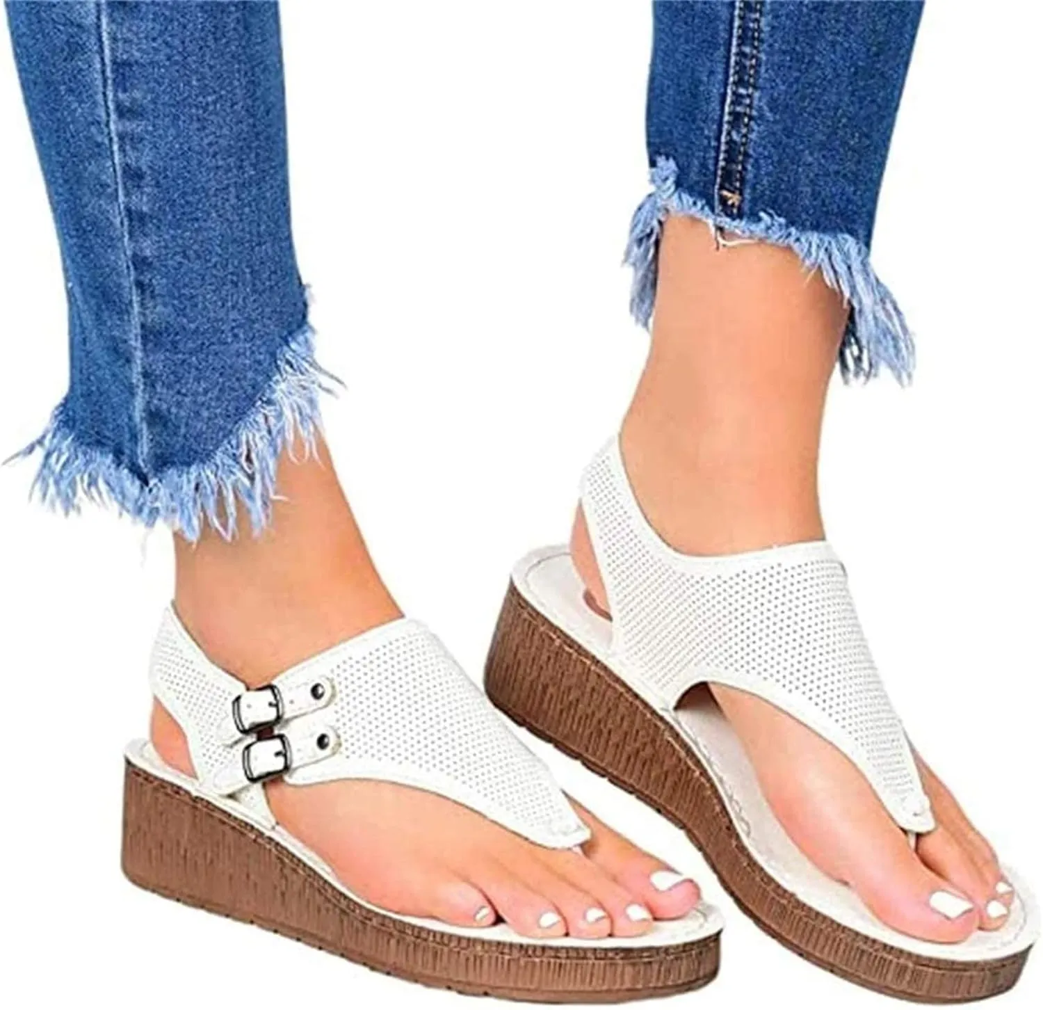 Sandals for Womens Casual Summer Split Toe Shoes Wedge Sandals Womens Sandals Open Toe Thong Flat Flip Flop Women Sandals Buckle Strap Beach Sandals,White,US7.5/EU39