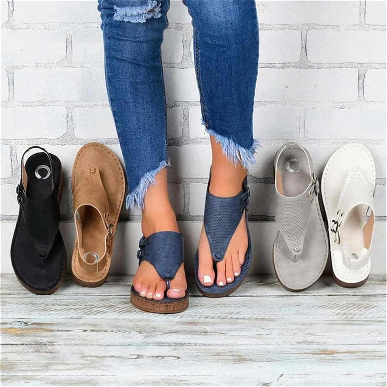 Sandals for Womens Casual Summer Split Toe Shoes Wedge Sandals Womens Sandals Open Toe Thong Flat Flip Flop Women Sandals Buckle Strap Beach Sandals,White,US7.5/EU39