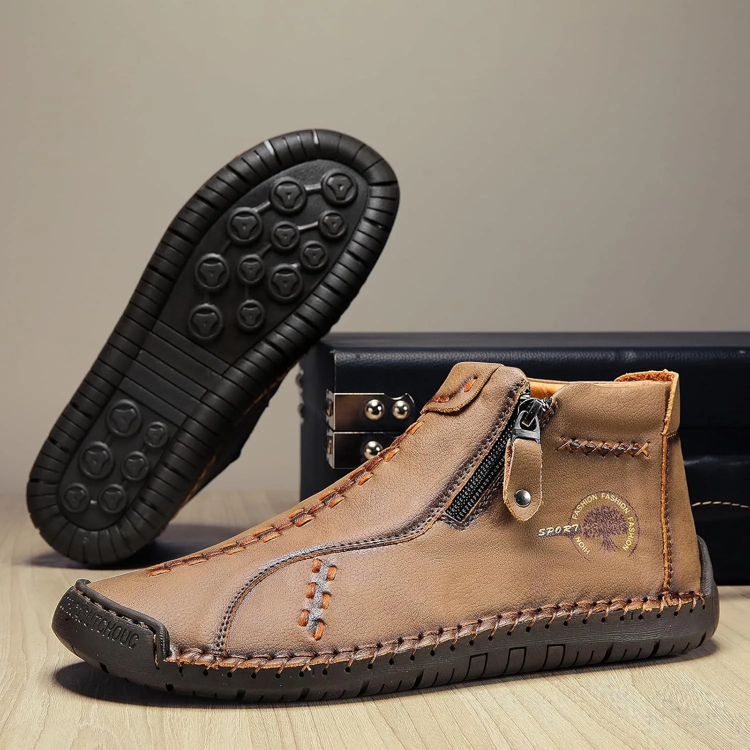 Sanearde Men's Chukka Boots Handmade Casual Leather Loafers Non Slip Hiking Ankle Booties Fashion Comfortable Driving Shoes