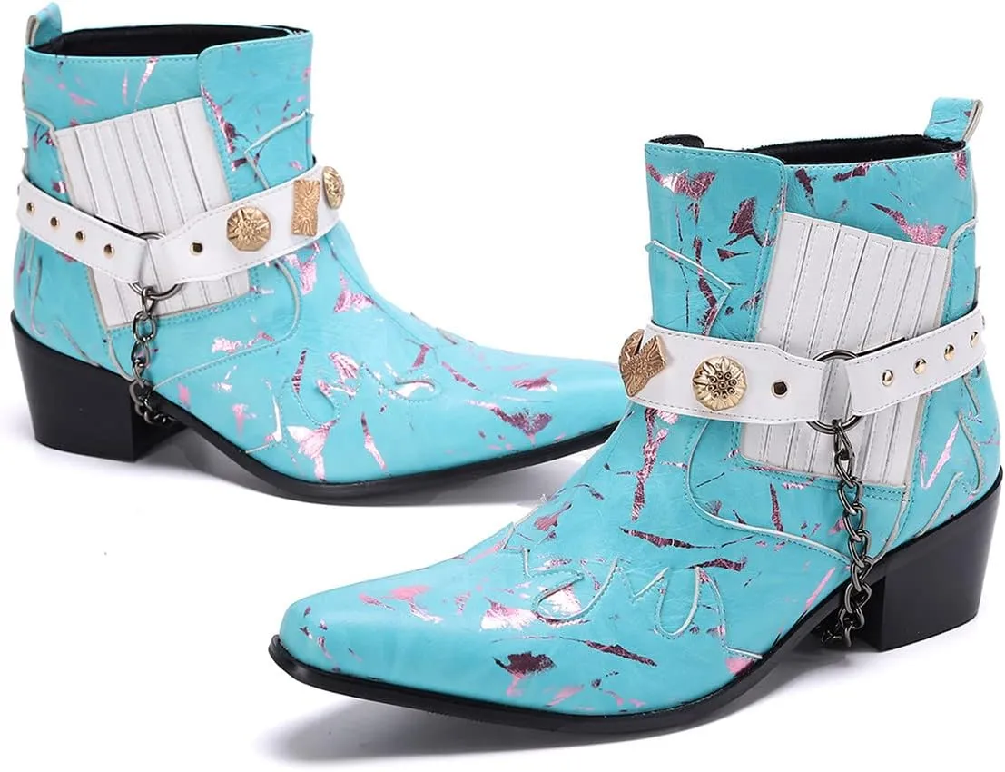 Santimon Chelsea Boots Men Party Casual Dress Patent Leather Chain Cowboy Boots Fashion Western Boots Prom Wedding Ballroom Motorcycle Ankle Boots for Men Boys