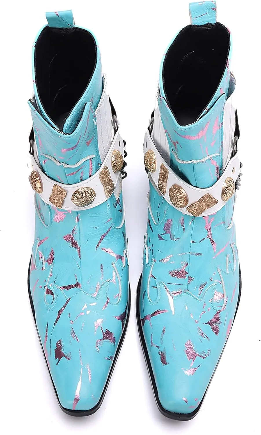 Santimon Chelsea Boots Men Party Casual Dress Patent Leather Chain Cowboy Boots Fashion Western Boots Prom Wedding Ballroom Motorcycle Ankle Boots for Men Boys