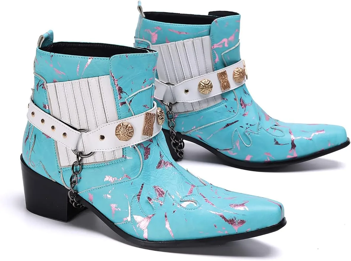 Santimon Chelsea Boots Men Party Casual Dress Patent Leather Chain Cowboy Boots Fashion Western Boots Prom Wedding Ballroom Motorcycle Ankle Boots for Men Boys