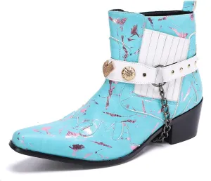 Santimon Chelsea Boots Men Party Casual Dress Patent Leather Chain Cowboy Boots Fashion Western Boots Prom Wedding Ballroom Motorcycle Ankle Boots for Men Boys