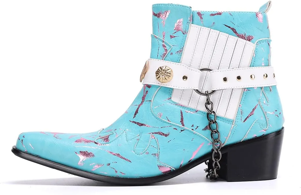 Santimon Chelsea Boots Men Party Casual Dress Patent Leather Chain Cowboy Boots Fashion Western Boots Prom Wedding Ballroom Motorcycle Ankle Boots for Men Boys