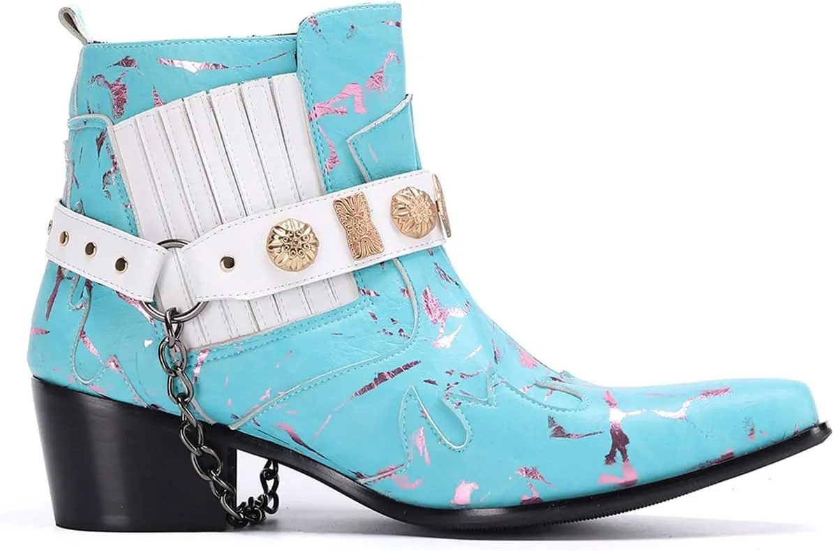 Santimon Chelsea Boots Men Party Casual Dress Patent Leather Chain Cowboy Boots Fashion Western Boots Prom Wedding Ballroom Motorcycle Ankle Boots for Men Boys