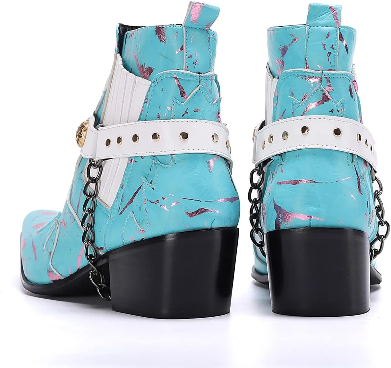 Santimon Chelsea Boots Men Party Casual Dress Patent Leather Chain Cowboy Boots Fashion Western Boots Prom Wedding Ballroom Motorcycle Ankle Boots for Men Boys