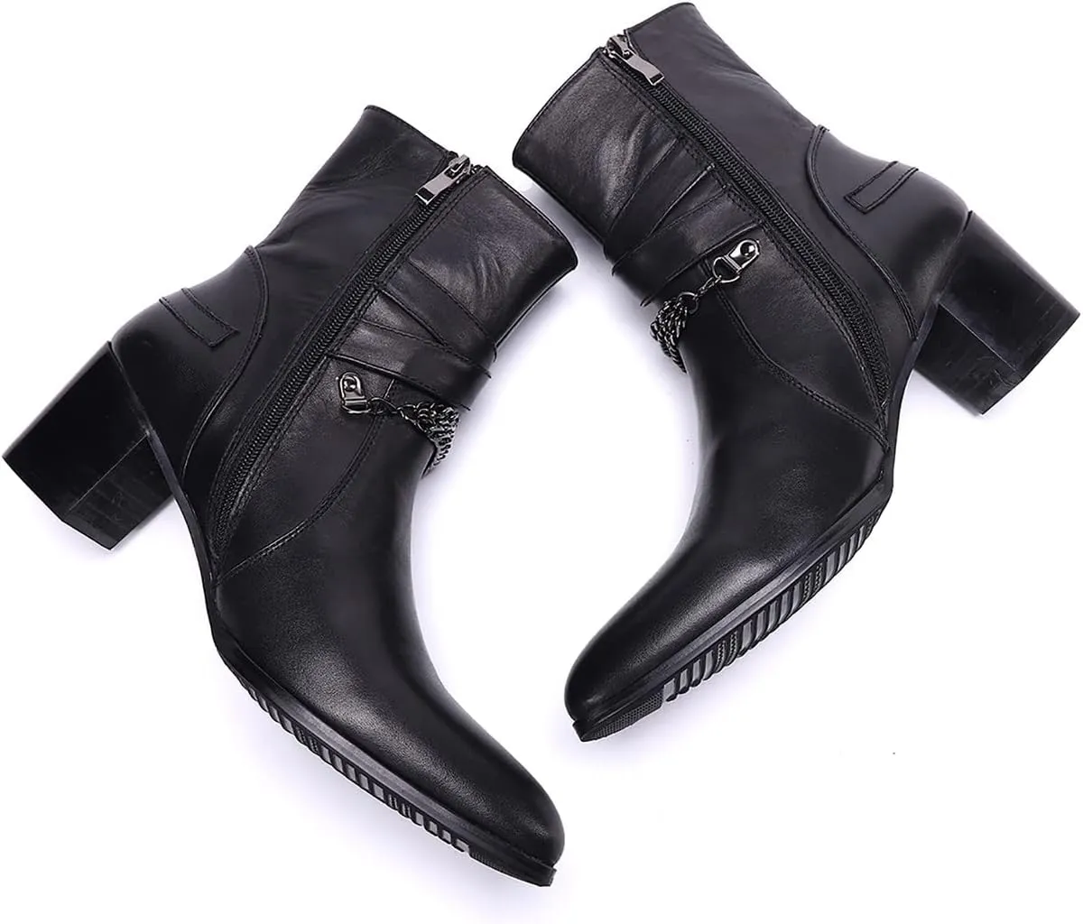 Santimon Cowboy Boots for Men Party Casual Dress Genuine Leather Chelsea Boots Fashion Metal Chain Western Prom Tuxedo Zipper On Side Mid Calf Boots for Men Boys
