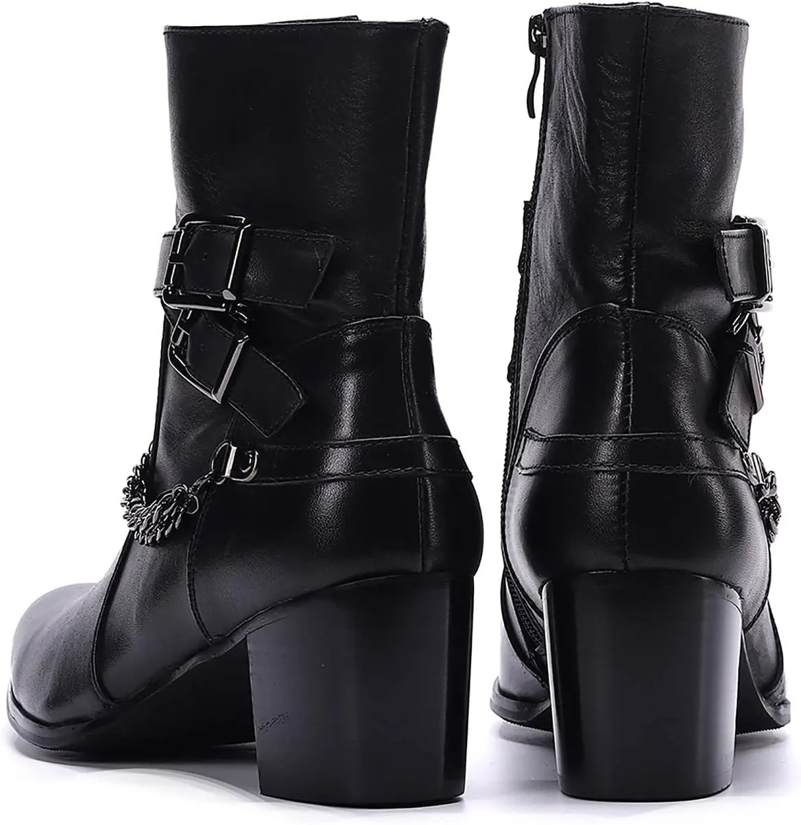 Santimon Cowboy Boots for Men Party Casual Dress Genuine Leather Chelsea Boots Fashion Metal Chain Western Prom Tuxedo Zipper On Side Mid Calf Boots for Men Boys