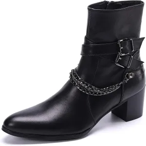 Santimon Cowboy Boots for Men Party Casual Dress Genuine Leather Chelsea Boots Fashion Metal Chain Western Prom Tuxedo Zipper On Side Mid Calf Boots for Men Boys