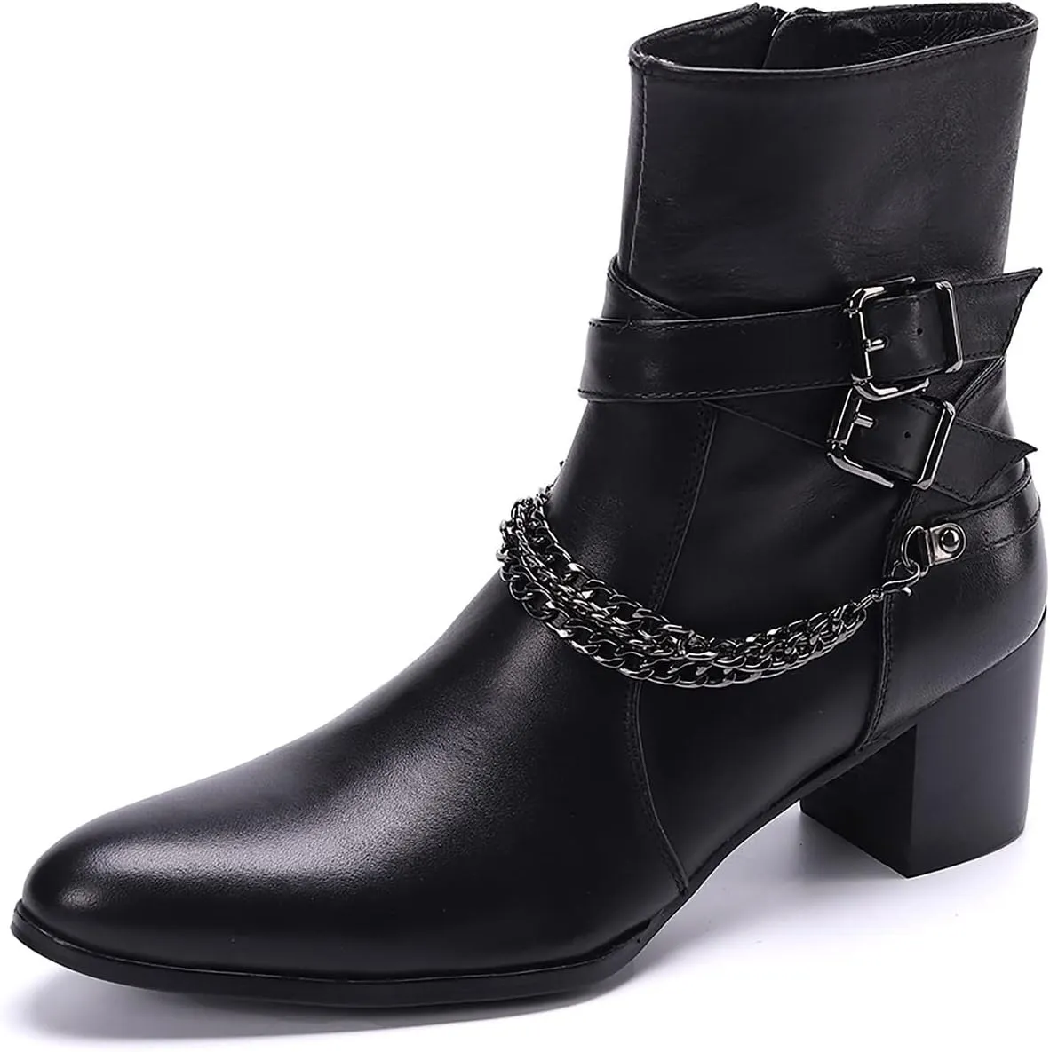 Santimon Cowboy Boots for Men Party Casual Dress Genuine Leather Chelsea Boots Fashion Metal Chain Western Prom Tuxedo Zipper On Side Mid Calf Boots for Men Boys