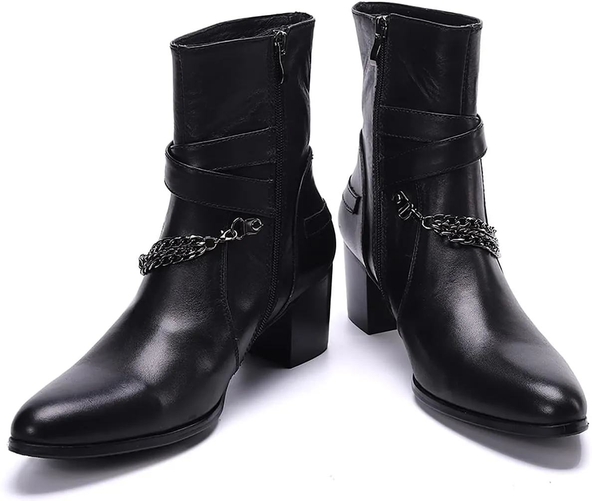 Santimon Cowboy Boots for Men Party Casual Dress Genuine Leather Chelsea Boots Fashion Metal Chain Western Prom Tuxedo Zipper On Side Mid Calf Boots for Men Boys