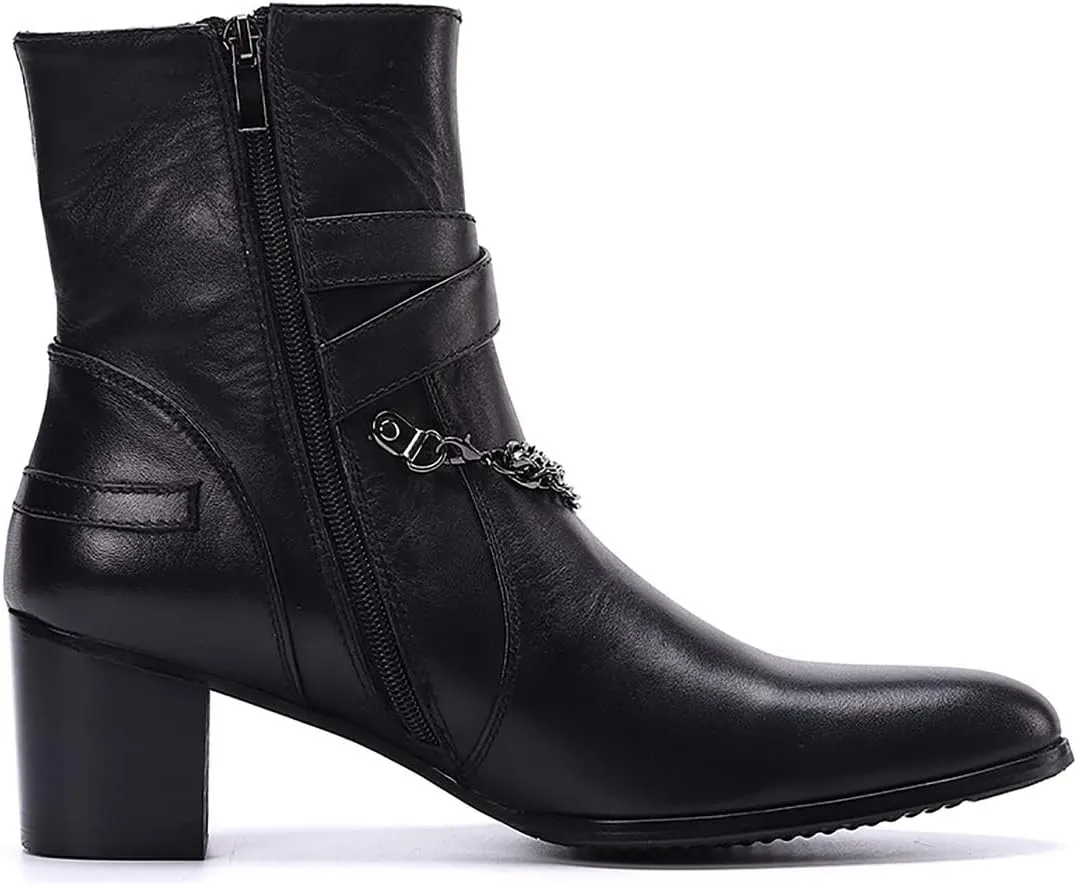 Santimon Cowboy Boots for Men Party Casual Dress Genuine Leather Chelsea Boots Fashion Metal Chain Western Prom Tuxedo Zipper On Side Mid Calf Boots for Men Boys