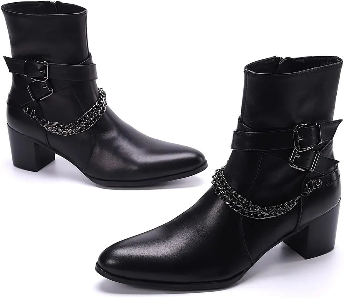 Santimon Cowboy Boots for Men Party Casual Dress Genuine Leather Chelsea Boots Fashion Metal Chain Western Prom Tuxedo Zipper On Side Mid Calf Boots for Men Boys