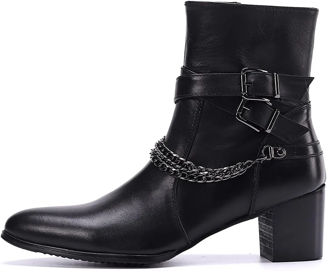 Santimon Cowboy Boots for Men Party Casual Dress Genuine Leather Chelsea Boots Fashion Metal Chain Western Prom Tuxedo Zipper On Side Mid Calf Boots for Men Boys