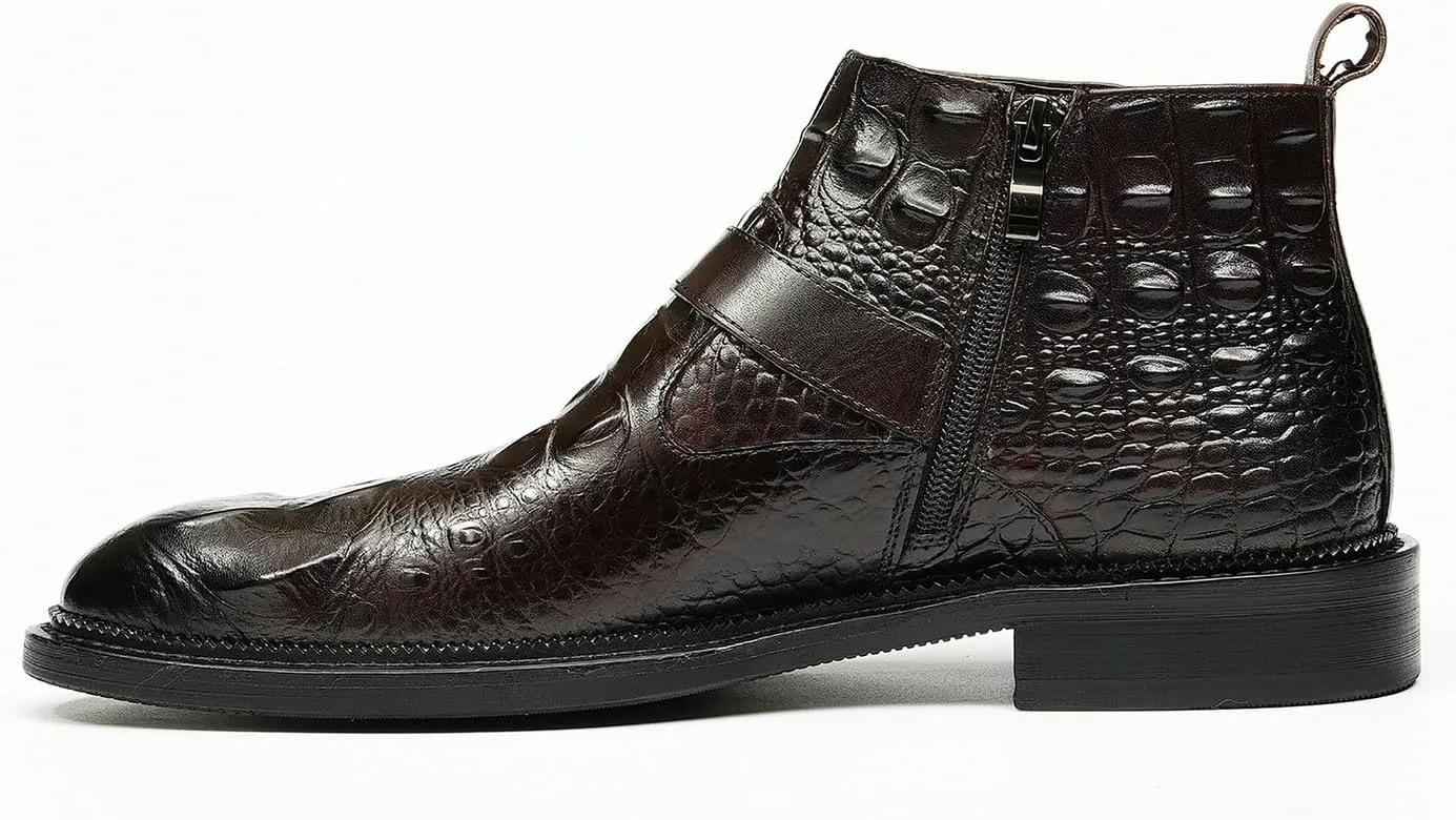 Santimon Men Chelsea Boots Casual Black Dress Formal Leather Boots Crocodile Embossing Buckle Boots Fashion Cowboy Dress Zipper Boots for Men