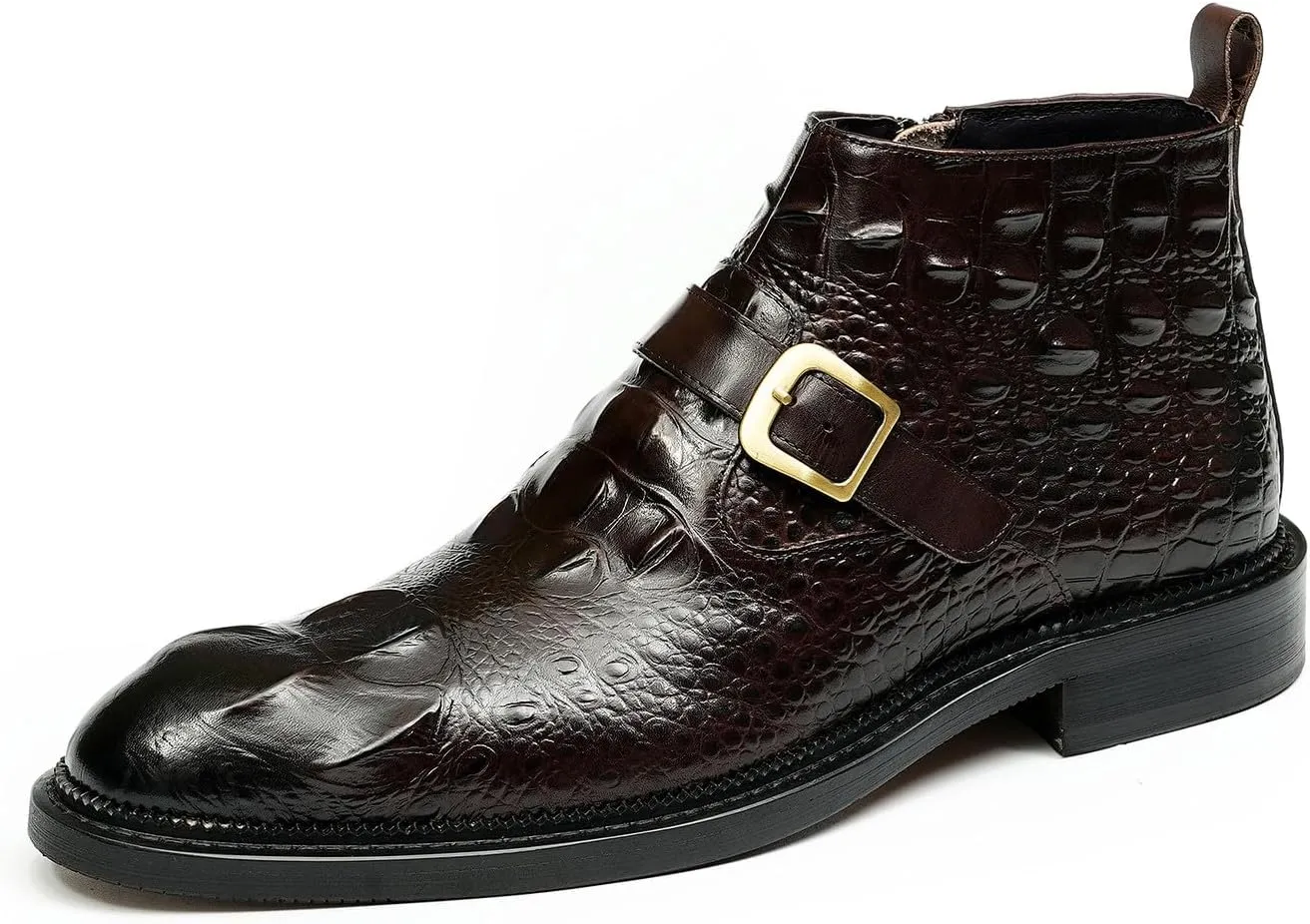 Santimon Men Chelsea Boots Casual Black Dress Formal Leather Boots Crocodile Embossing Buckle Boots Fashion Cowboy Dress Zipper Boots for Men