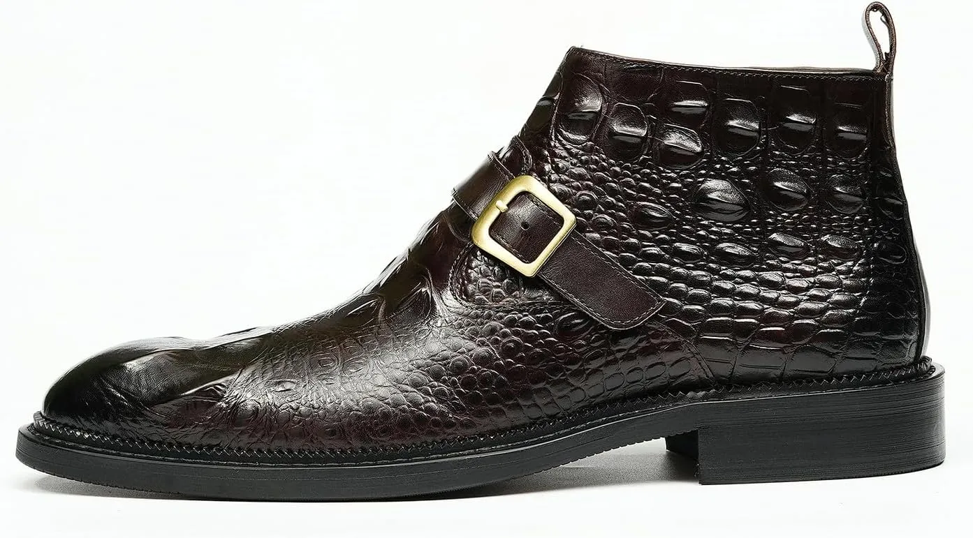Santimon Men Chelsea Boots Casual Black Dress Formal Leather Boots Crocodile Embossing Buckle Boots Fashion Cowboy Dress Zipper Boots for Men