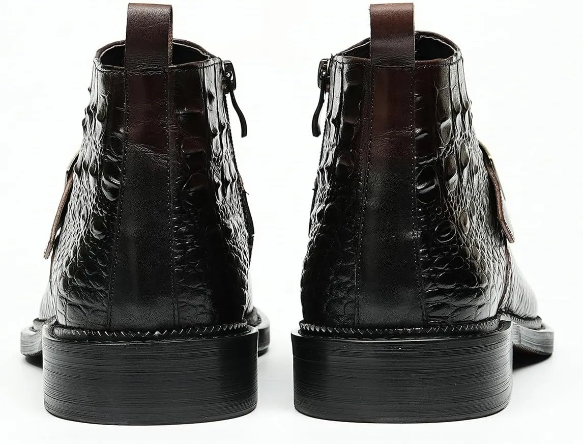 Santimon Men Chelsea Boots Casual Black Dress Formal Leather Boots Crocodile Embossing Buckle Boots Fashion Cowboy Dress Zipper Boots for Men