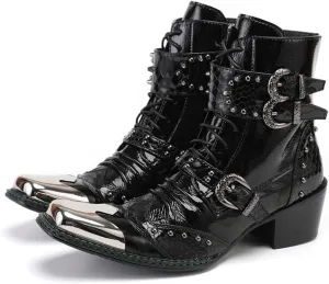 Santimon Mens Boots Casual Black Western Leather Fashion Square Toe Metal Tip Dress Ankle Boot