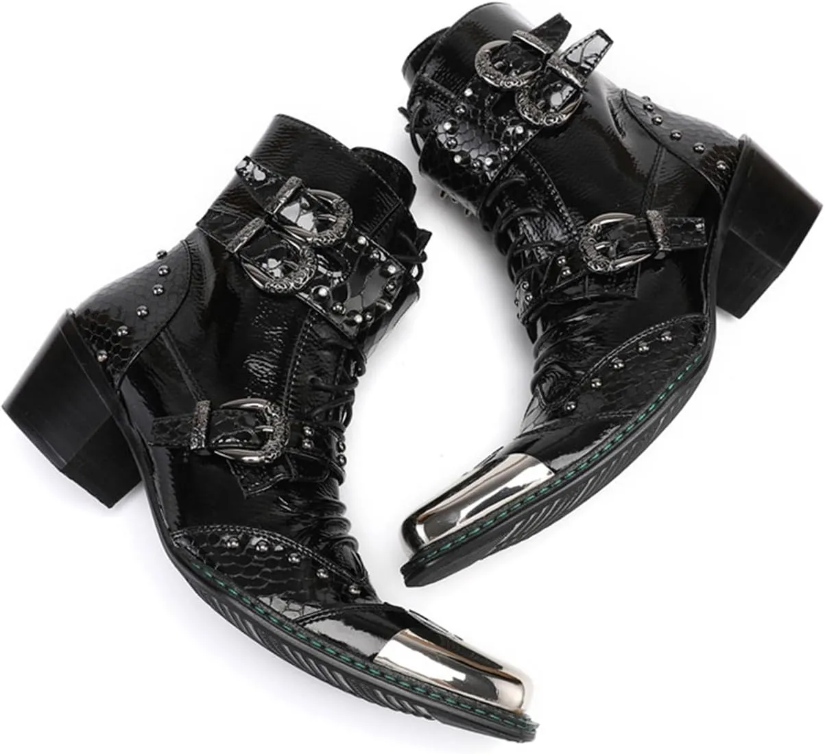 Santimon Mens Boots Casual Black Western Leather Fashion Square Toe Metal Tip Dress Ankle Boot