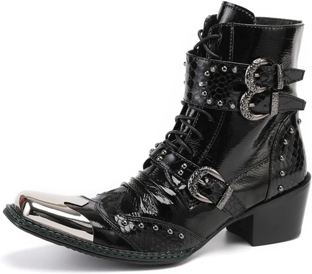 Santimon Mens Boots Casual Black Western Leather Fashion Square Toe Metal Tip Dress Ankle Boot