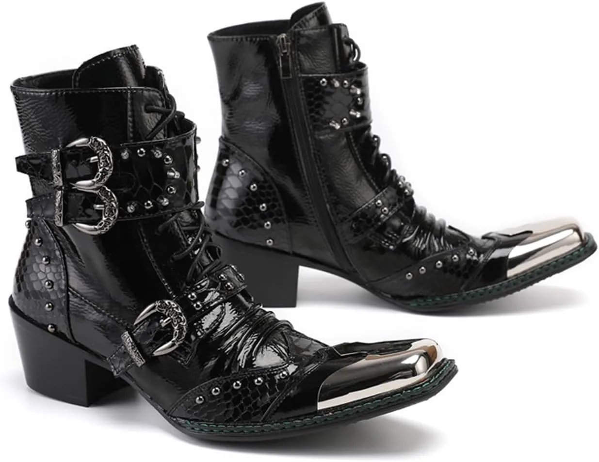 Santimon Mens Boots Casual Black Western Leather Fashion Square Toe Metal Tip Dress Ankle Boot