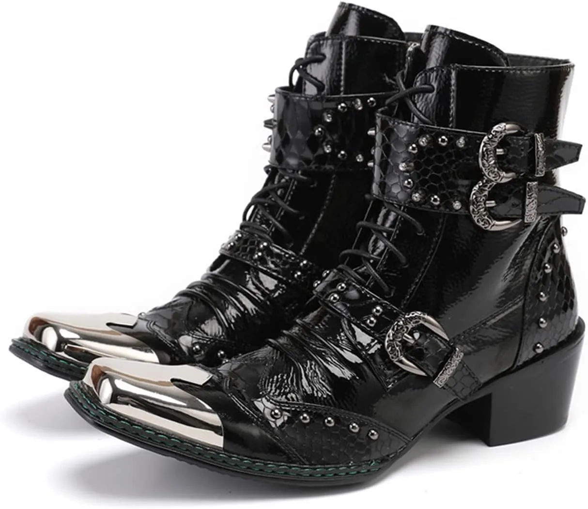 Santimon Mens Boots Casual Black Western Leather Fashion Square Toe Metal Tip Dress Ankle Boot