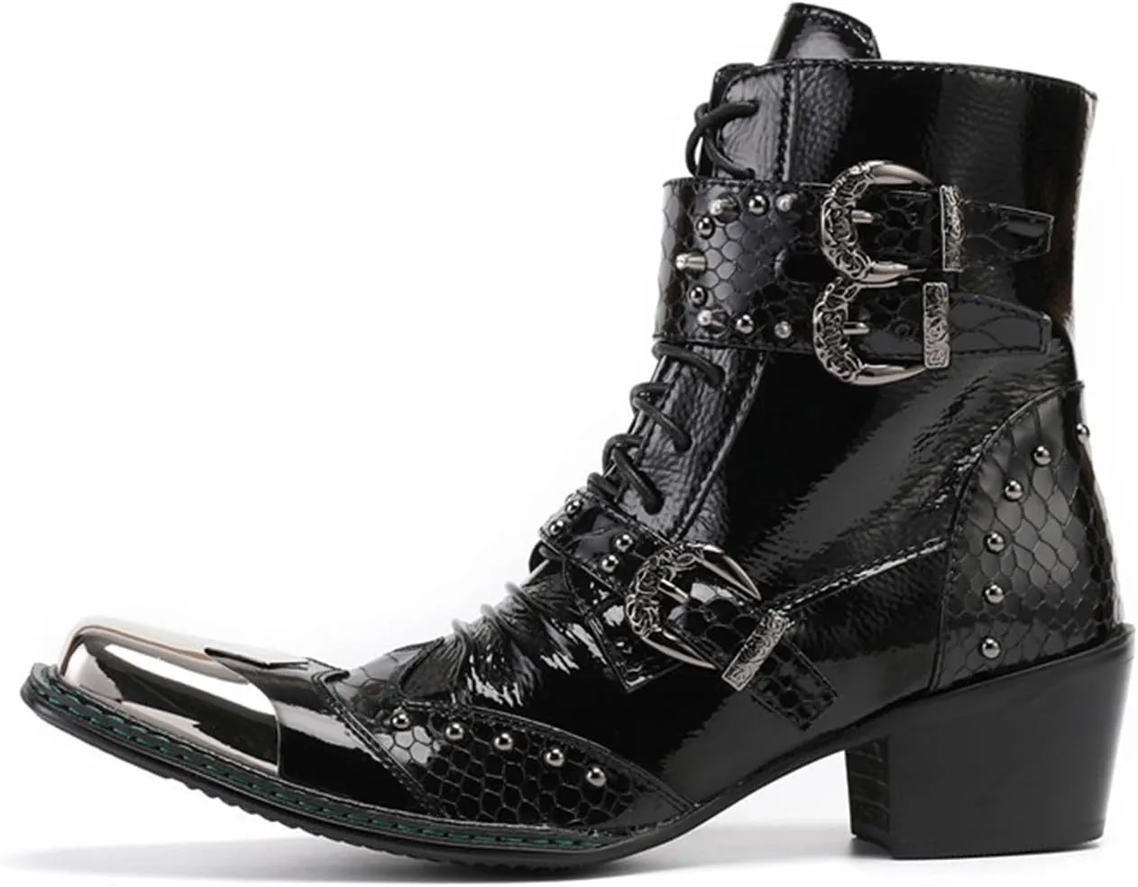 Santimon Mens Boots Casual Black Western Leather Fashion Square Toe Metal Tip Dress Ankle Boot