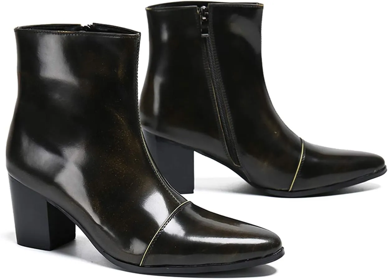 Santimon Mens Boots Casual Patent Leather Chelsea Dress Boots Zipper on Side Mid Calf Boots for Men