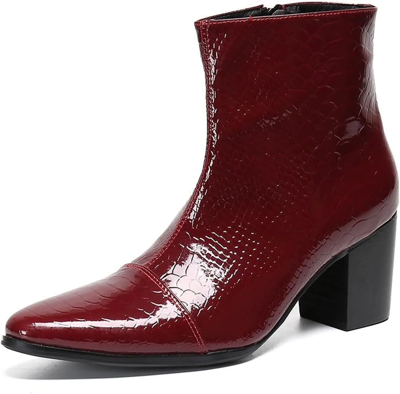 Santimon Mens Boots Casual Patent Leather Chelsea Dress Boots Zipper on Side Mid Calf Boots for Men