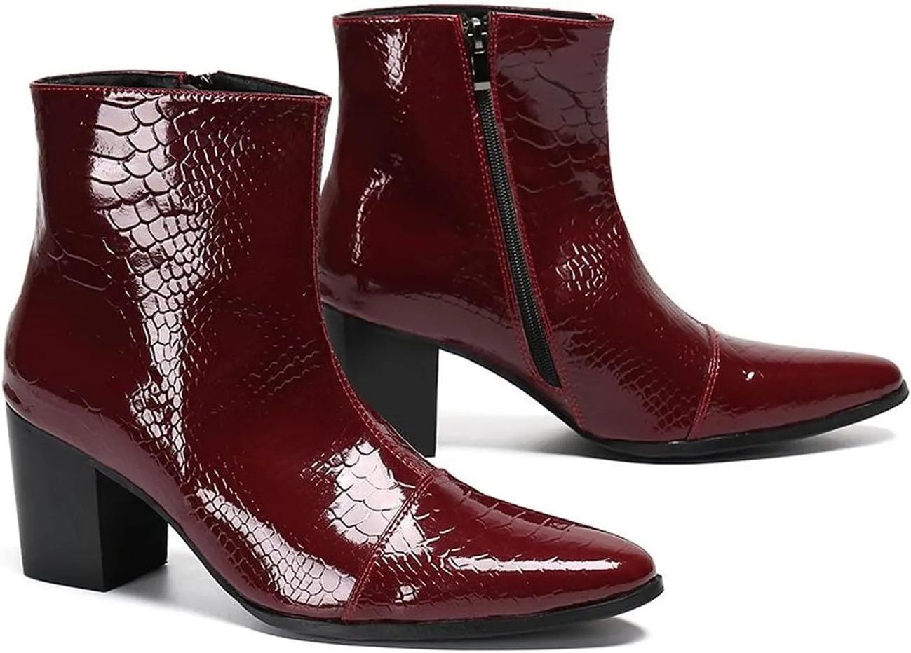 Santimon Mens Boots Casual Patent Leather Chelsea Dress Boots Zipper on Side Mid Calf Boots for Men
