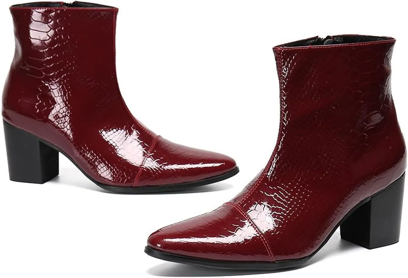 Santimon Mens Boots Casual Patent Leather Chelsea Dress Boots Zipper on Side Mid Calf Boots for Men