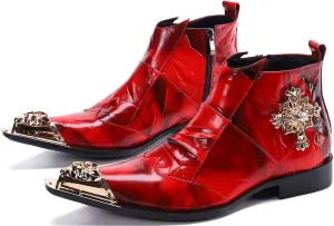 Santimon Mens Dress Boots Western Leather Fashion Brown Casual Pointed-Toe Metal Tip Shoes