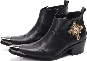 Santimon Mens Dress Boots Western Leather Fashion Brown Casual Pointed-Toe Metal Tip Shoes