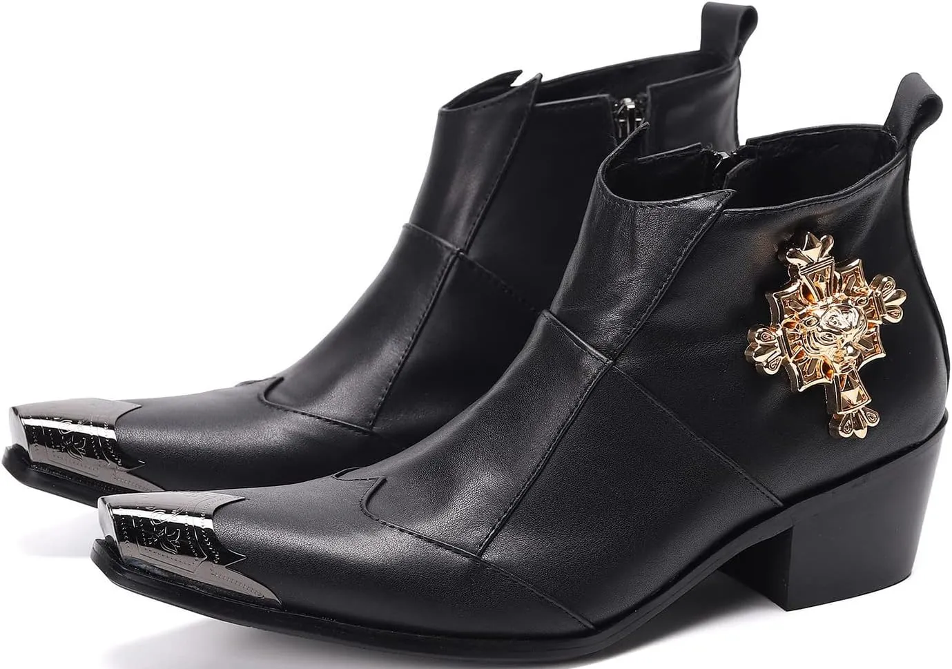 Santimon Mens Dress Boots Western Leather Fashion Brown Casual Pointed-Toe Metal Tip Shoes