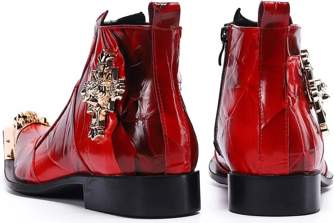 Santimon Mens Dress Boots Western Leather Fashion Brown Casual Pointed-Toe Metal Tip Shoes