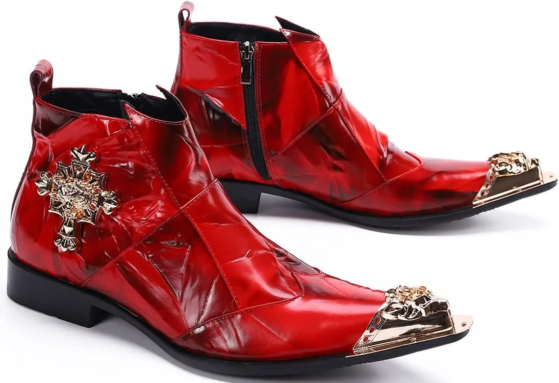 Santimon Mens Dress Boots Western Leather Fashion Brown Casual Pointed-Toe Metal Tip Shoes