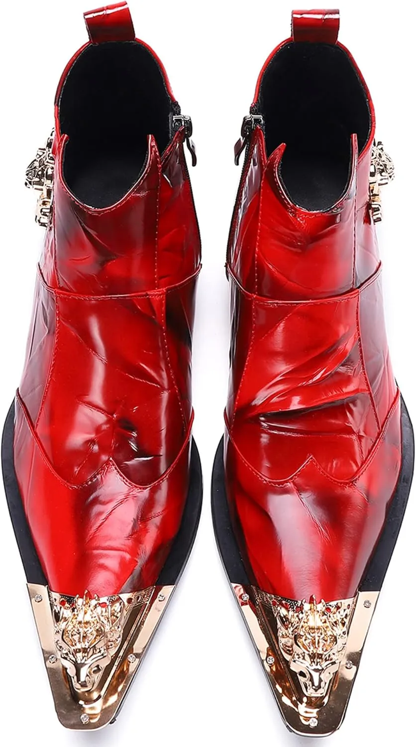 Santimon Mens Dress Boots Western Leather Fashion Brown Casual Pointed-Toe Metal Tip Shoes