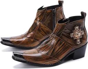 Santimon Mens Dress Boots Western Leather Fashion Brown Casual Pointed-Toe Metal Tip Shoes