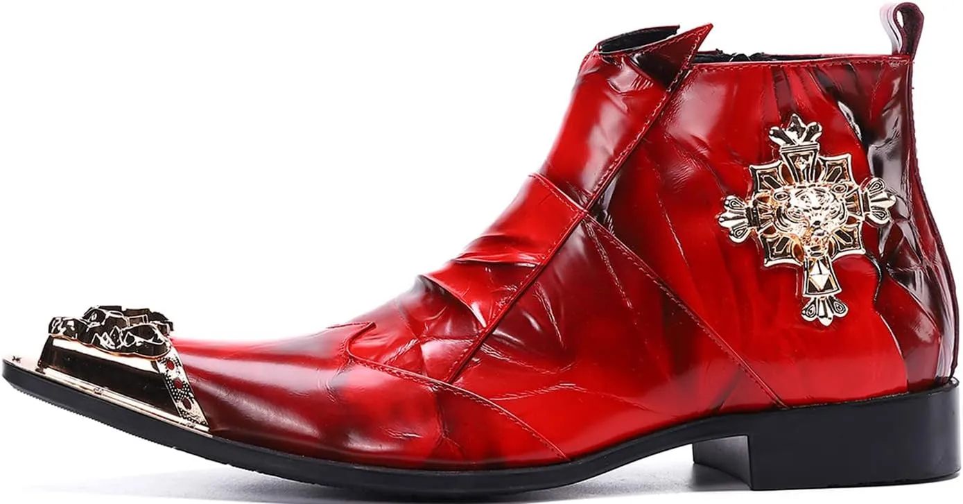Santimon Mens Dress Boots Western Leather Fashion Brown Casual Pointed-Toe Metal Tip Shoes