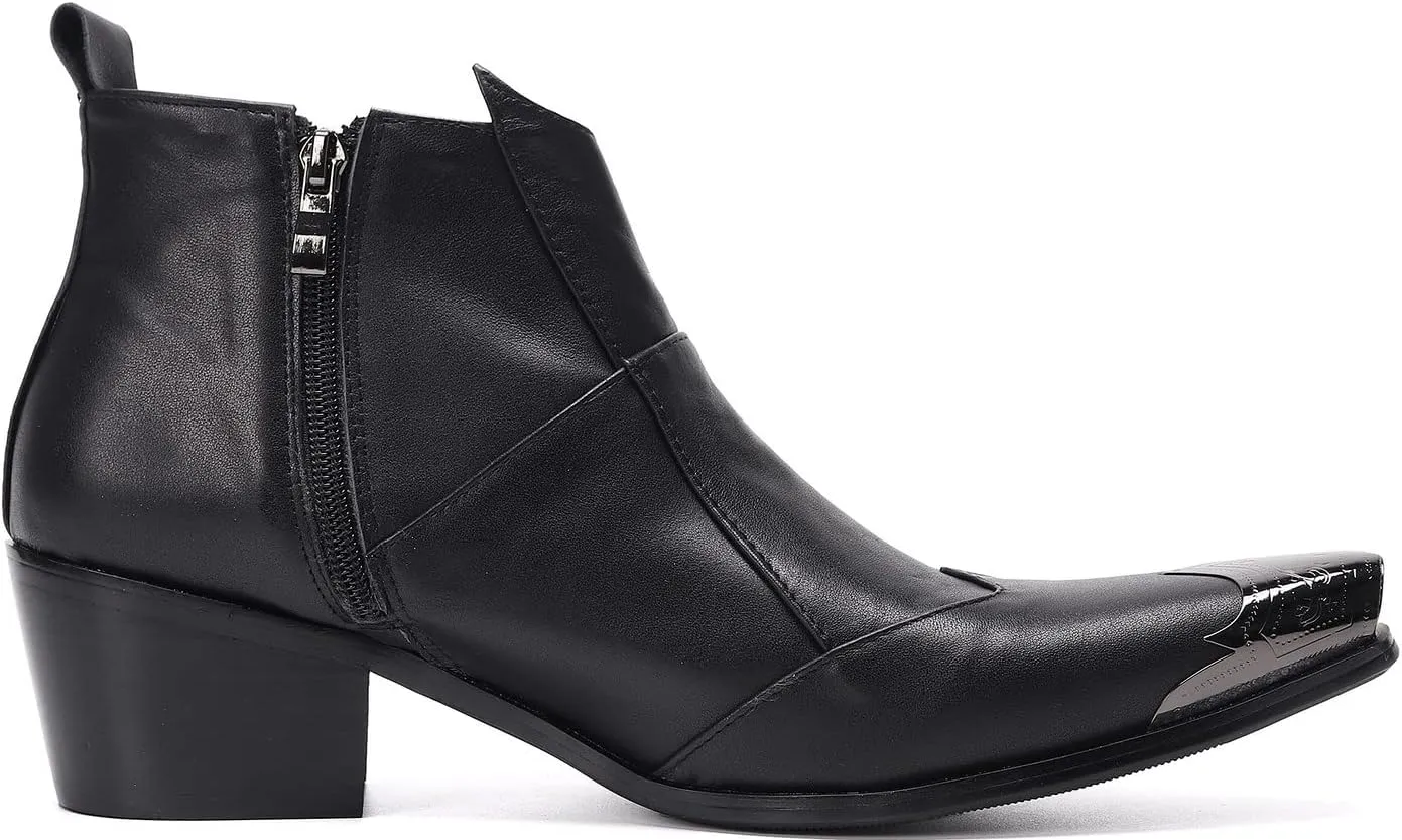 Santimon Mens Dress Boots Western Leather Fashion Brown Casual Pointed-Toe Metal Tip Shoes